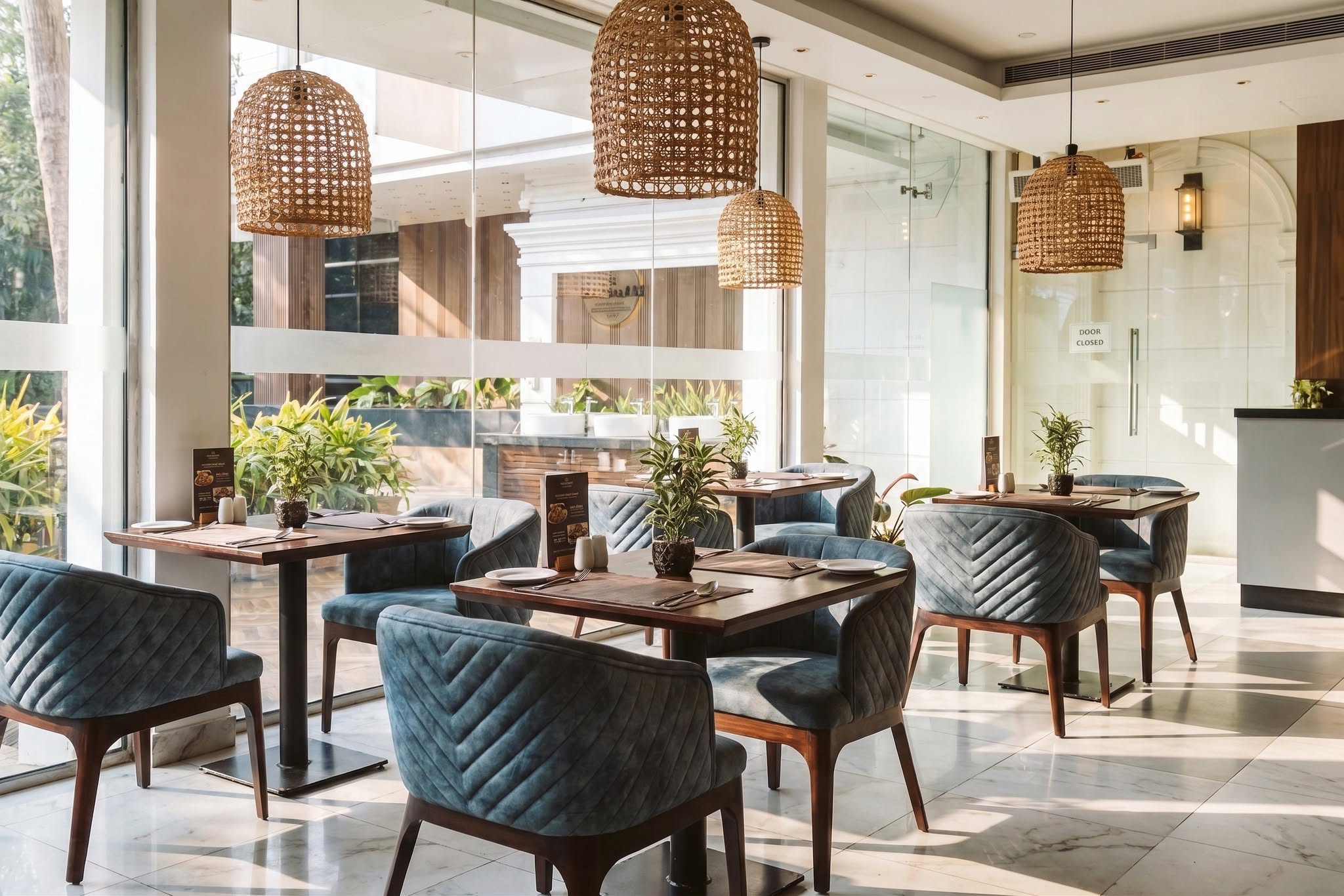 Sunlit restaurant tables and blue chairs by the windows