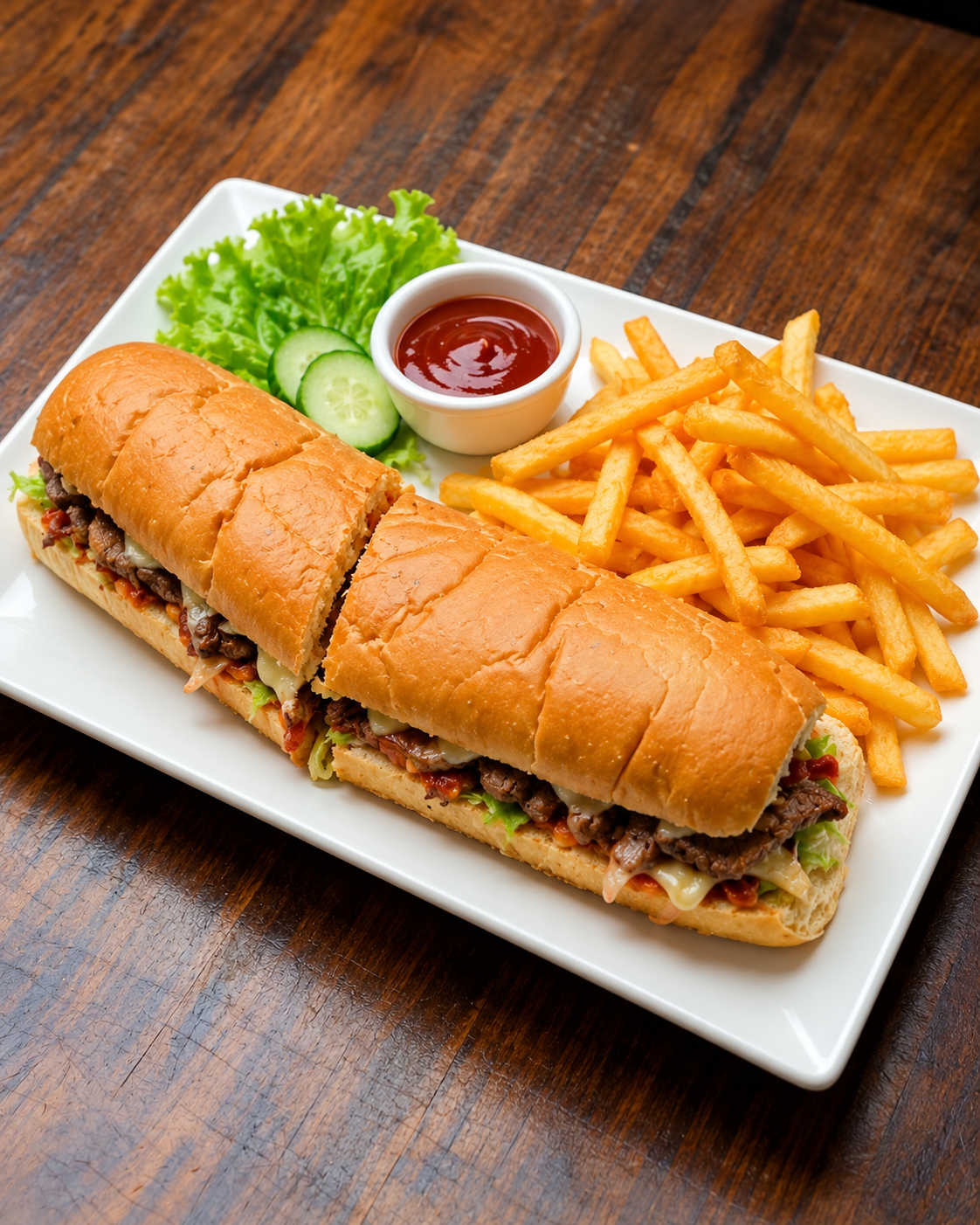 One plate of sub sandwich and fries