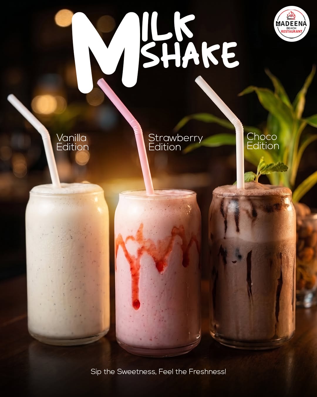 Vanilla, strawberry and chocolate milkshakes