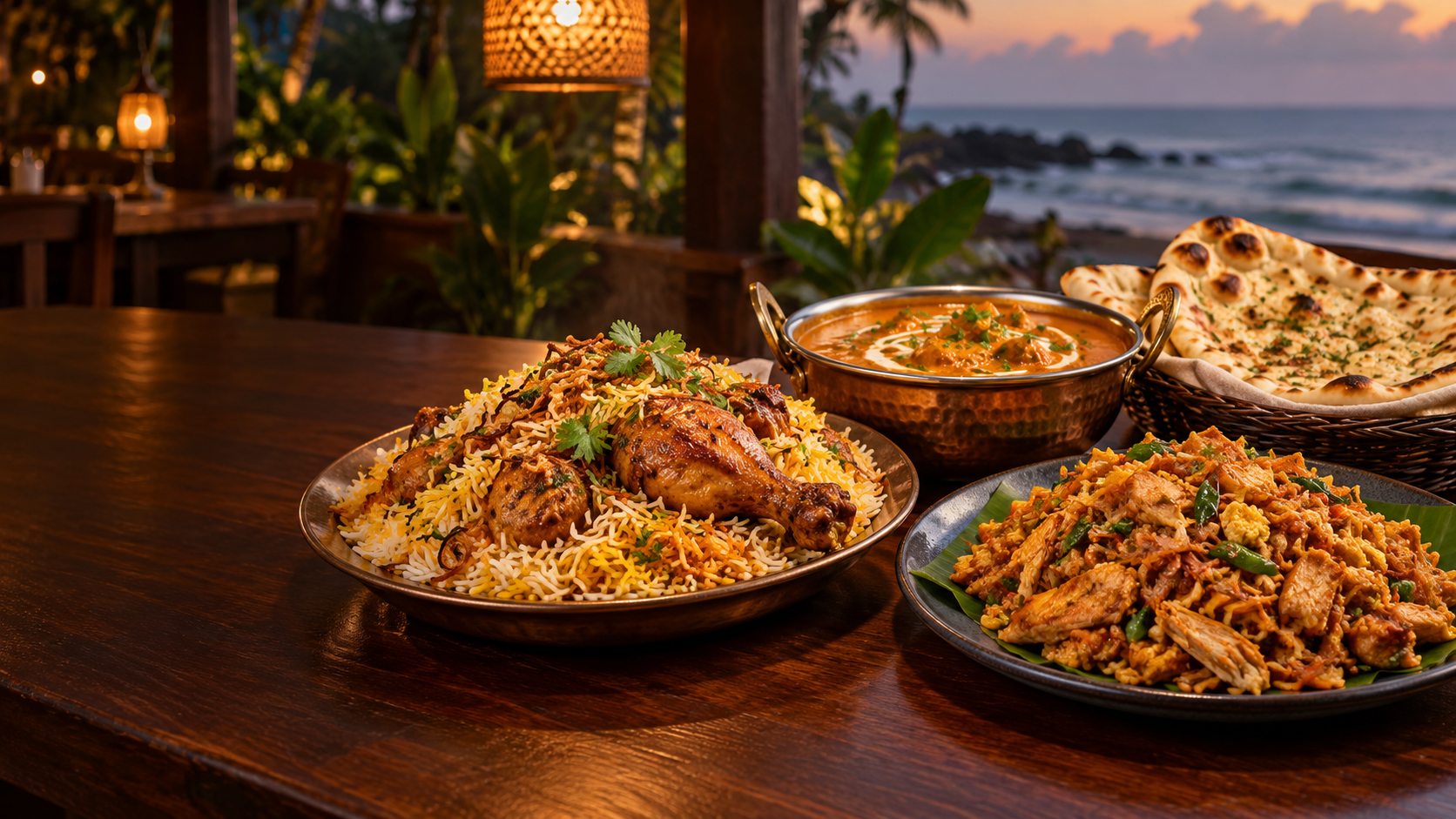 Biryani, naan with curry and chicken koththu served together by the sea